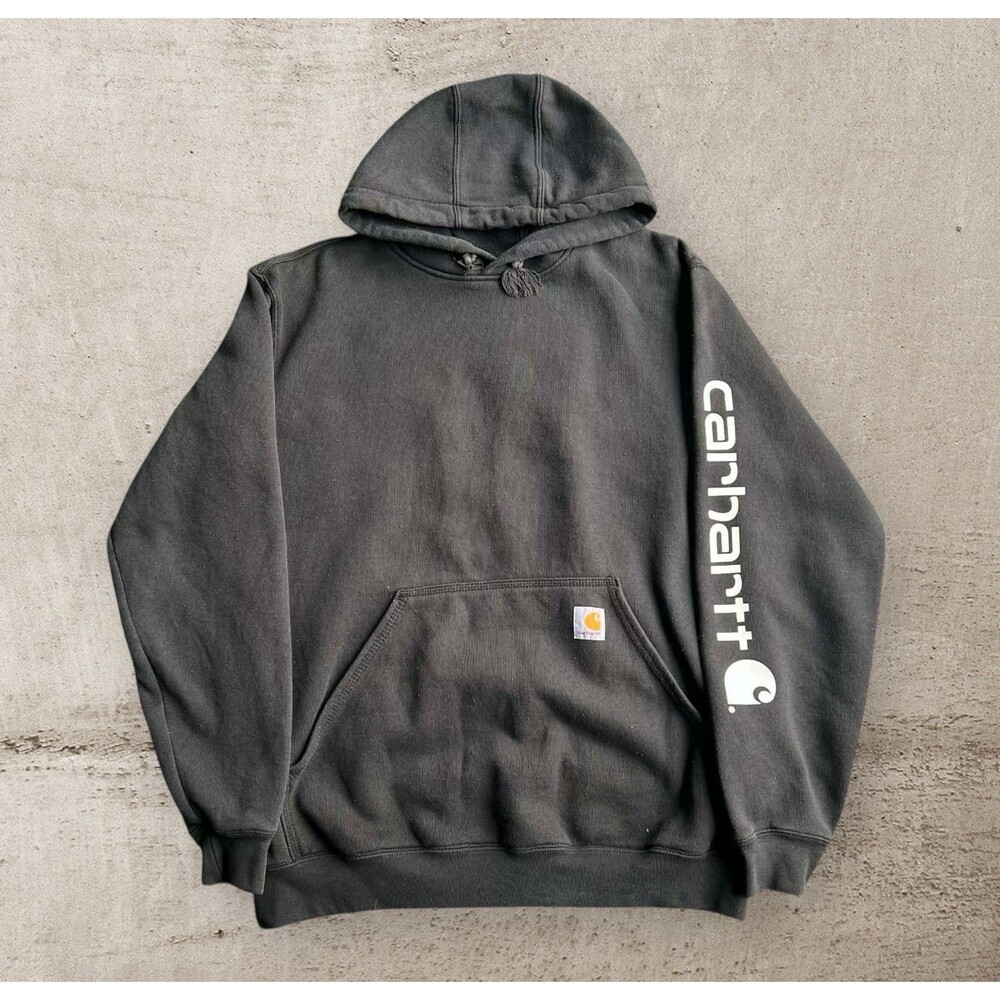 Carhartt Heavyweight Hoodie Men Medium Black Loose Pullover Work Spellout Y2K